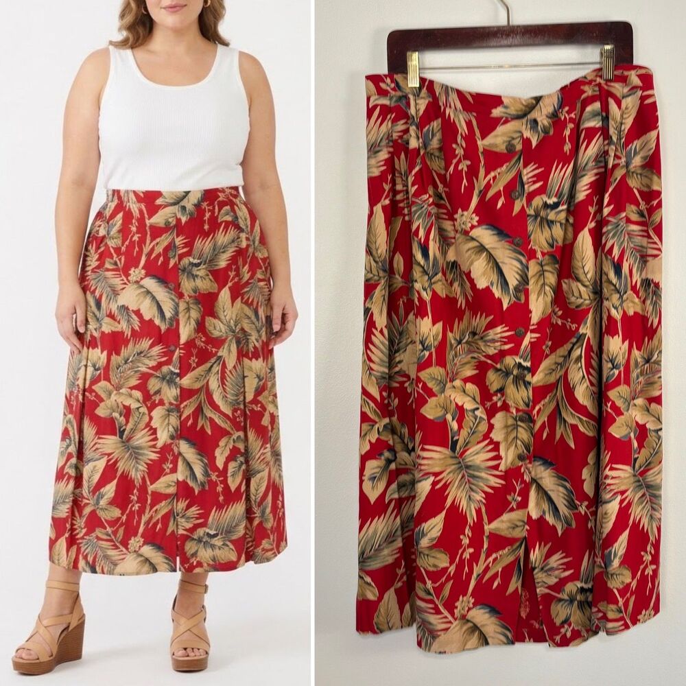 VTG Alfred Dunner Silk Tropical Leaf Button Front Pull On Maxi Skirt Red 18W